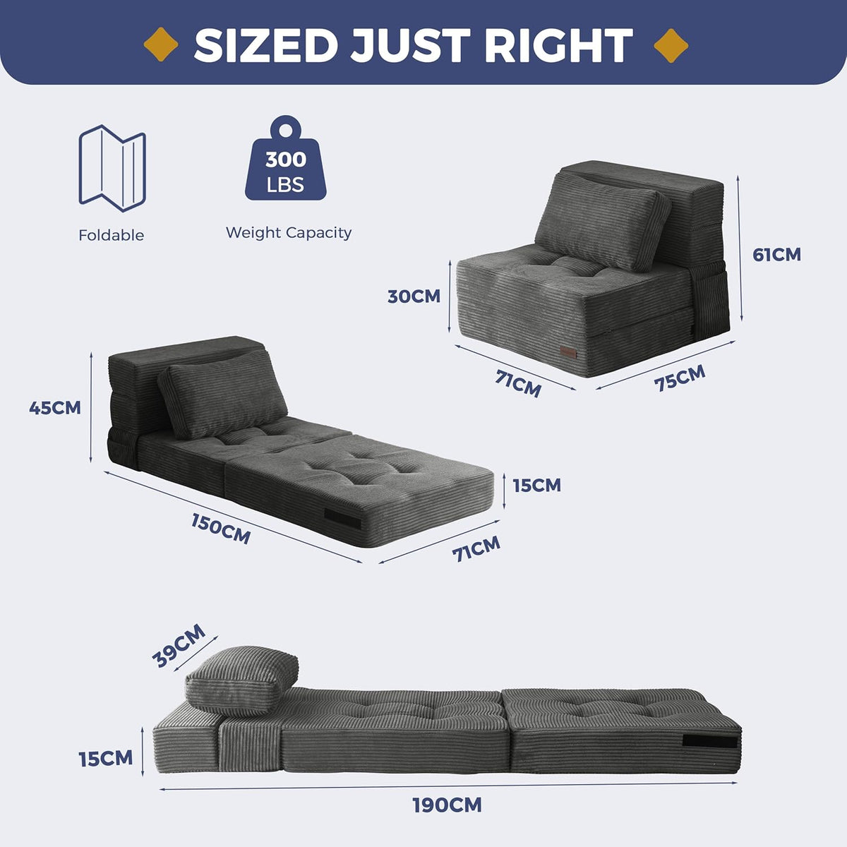 MAXYOYO Opvouwbare schuim slaapbank, drievoudig opvouwbaar matras met 1 kussen, omvormbare slaapbank, futonbed met 15 cm dun schuim, draagbare 3-in-1 vloerbank