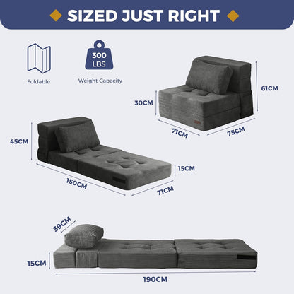 MAXYOYO Opvouwbare schuim slaapbank, drievoudig opvouwbaar matras met 1 kussen, omvormbare slaapbank, futonbed met 15 cm dun schuim, draagbare 3-in-1 vloerbank