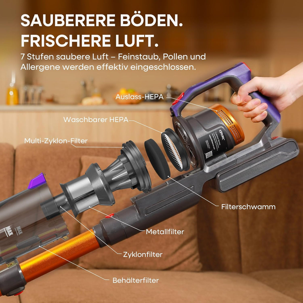 KIPMAX Accustofzuiger, 50000 Pa/550 W/70 min, 1,5 l, draadloze stofzuiger met display, anti-klitborstel, 7-laags filtra en 2 geurplaten, zelfstaande accustofzuiger voor tapijten, dierenharen, harde