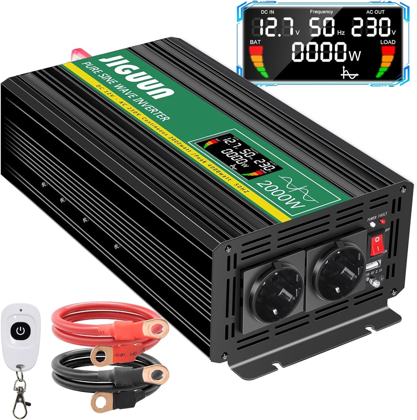 JIGUUN 2000W omvormer 12v naar 230v zuivere sinus inverter met draadloze afstandsbediening LCD-scherm 2 Eu-stopcontact & 1 USB-poort Piekvermogen 4000W voor auto, camping, reizen
