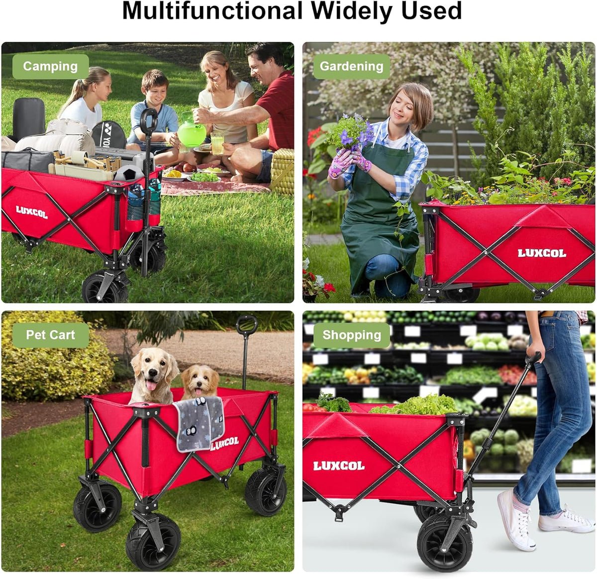 LUXCOL Opvouwbare vouwwagen, zware bruikbare strandwagen wagen voor zand met grote wielen, verstelbare handgreep en bekerhouders voor winkelen, kamperen, tuin en buiten