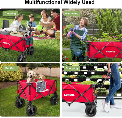 LUXCOL Opvouwbare vouwwagen, zware bruikbare strandwagen wagen voor zand met grote wielen, verstelbare handgreep en bekerhouders voor winkelen, kamperen, tuin en buiten