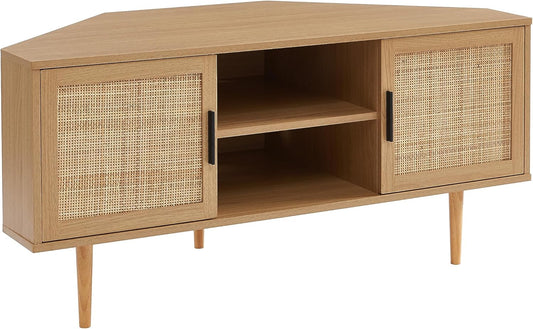 BAÏTA Amana TV-hoekkast in eikenlook en rieten van rotan, 2 deuren