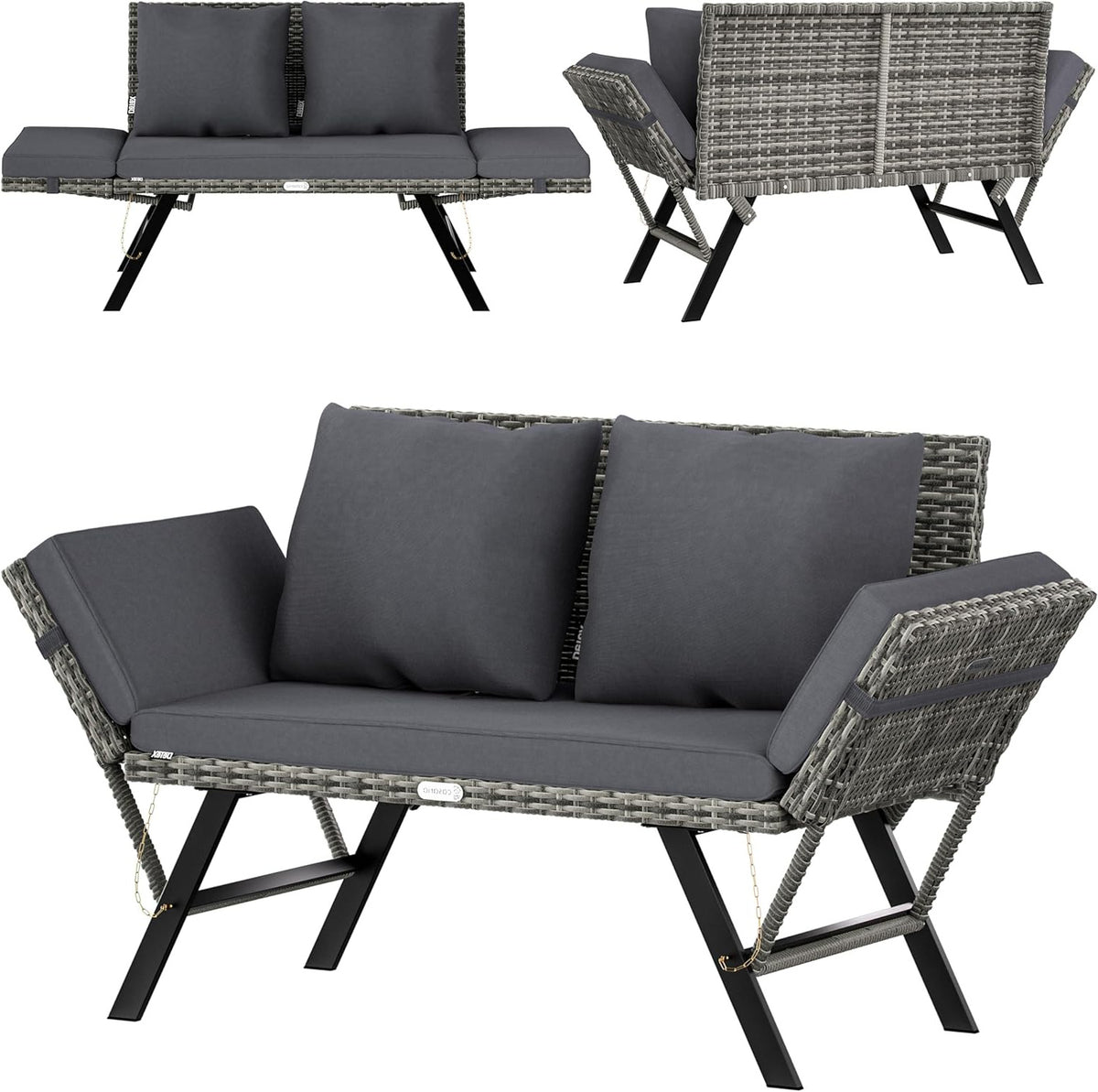 CASARIA® 2-in-1 Polyrattan Garden Bench & Lounger Incl. Cushions Adjustable Armrests Loungesofa Sun lounger Grey - QUORE