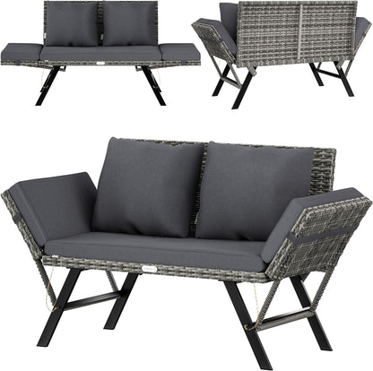 CASARIA® 2-in-1 Polyrattan Garden Bench & Lounger Incl. Cushions Adjustable Armrests Loungesofa Sun lounger Grey - QUORE