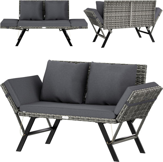CASARIA® 2-in-1 Polyrattan Garden Bench & Lounger Incl. Cushions Adjustable Armrests Loungesofa Sun lounger Grey - QUORE