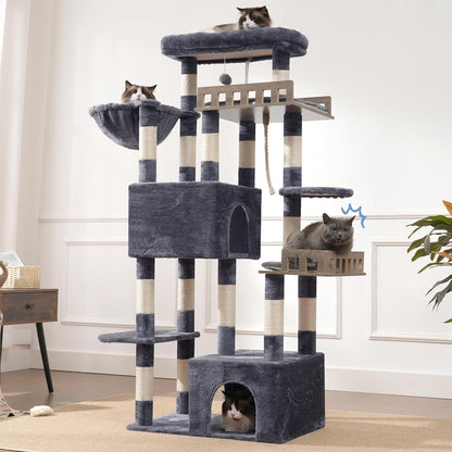 Large Cat Scratching Post for Large Adult Cats, 174 cm Cat Scratching Post with Hammock, 2 Large Sitting Bars, 2 Cat Caves, 15 Scratching Bars, Smoke Grey GCT033G - QUORE