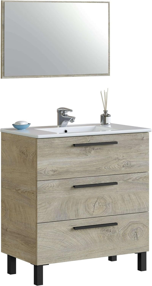 ARKITMOBEL Athena badkamermeubels met 3 laden en spiegels, eiken Alaska, groot, 2 stuks