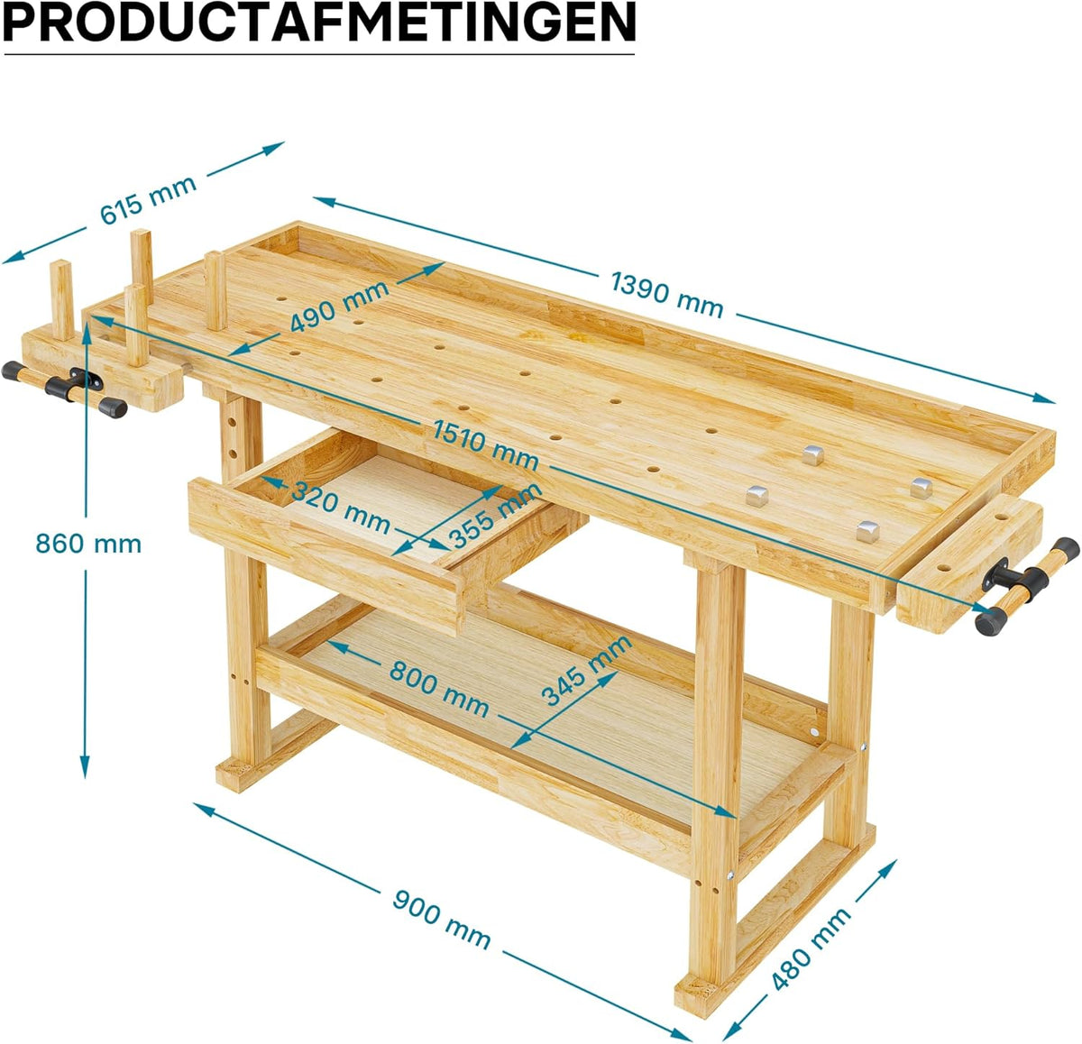 Werkbank 145x49x86cm hout (Rubberwood) met schuiflade, opbergbak, spantangen en bankschroeven