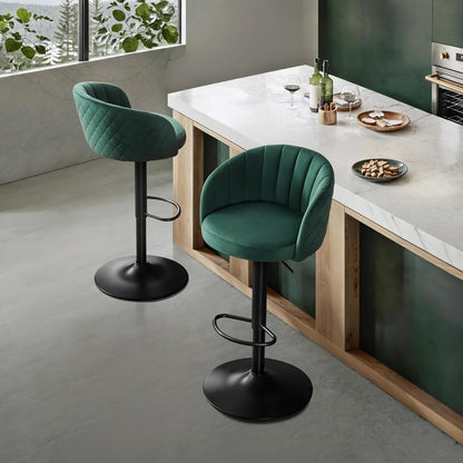 Bar Stool Height Adjustable Set of 2 Bar Stool Milk Velvet Fabric, Bar Chairs with Backrest and Armrest Bar Chair 360° Rotatable, Adjustable Bar Stools, Bar Chair Resilient 150kg-Green - QUORE