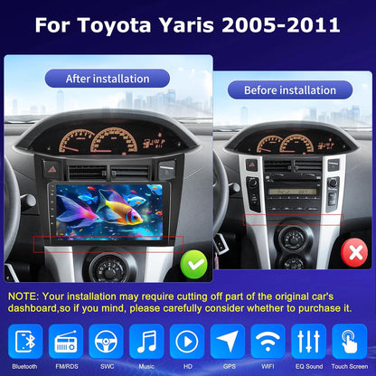 2G+64G Android Car Radio for Toyota Yaris 2005-2011, 9 Inch Touchscreen Bluetooth Radio with Wireless Carplay & Android Auto/WiFi/GPS/EQ/FM RDS Radio+Backup Camera +Mic