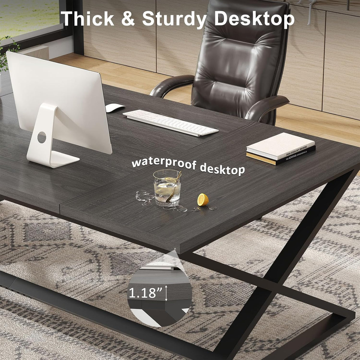 IBF Groot bureau, lange computertafel, industriële kwaliteit, voor thuis, kantoor, bureau voor slaapkamer, hout, metaal, computer, gaming, werkstation, computertafel, donkergrijs eiken