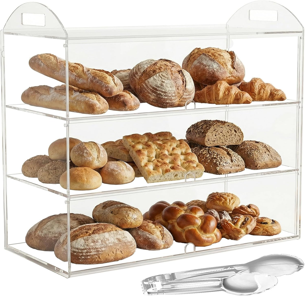 Bakkerijvitrine met 3 niveaus met handvat, aanrecht 59,9 x 30 x 47,2 cm, commerciële bakstandaard, transparante acryl presentatiedoos voor dessert, donut