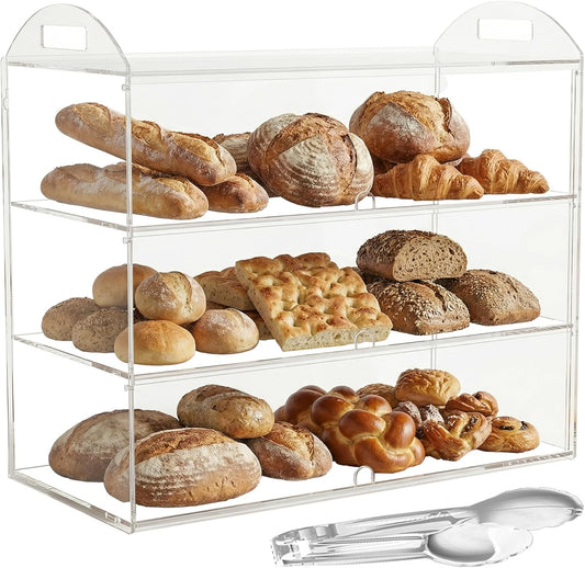 Bakkerijvitrine met 3 niveaus met handvat, aanrecht 59,9 x 30 x 47,2 cm, commerciële bakstandaard, transparante acryl presentatiedoos voor dessert, donut