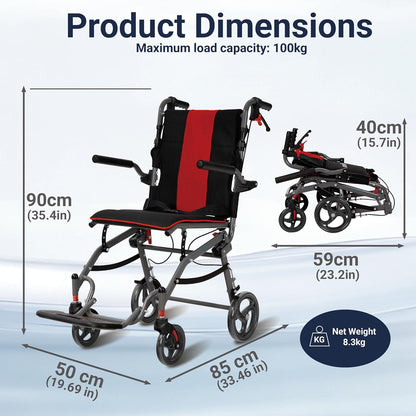 Rolstoel, opvouwbaar, licht, smalle transportrolstoel met verstelbare hoogte, ergonomische handgrepen en 360° wielen, geschikt voor woning en onderweg (Red)