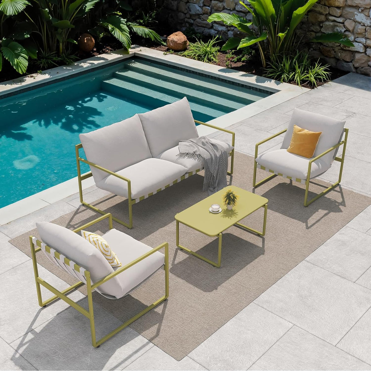 Grand patio Tuinmeubelen, set van 4, balkonmeubelset voor 4 personen met kussens, loungemeubels, voor buiten, met tuinbank, 2 stoelen, tafel, terrasmeubel, zitgroep, loungemeubels voor tuin, buiten