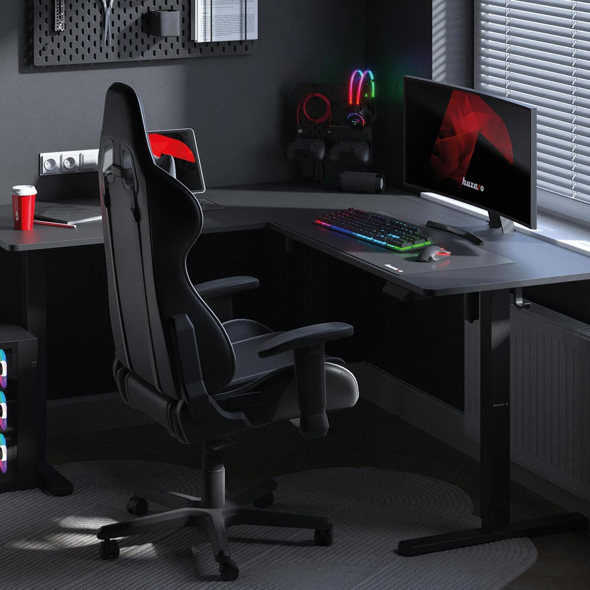 huzaro Hero 9.5 Motorcycle Desk, Height Adjustable, Corner Desk, Electric Standing Desk, 160 x 140 cm, L Shape, Changeable Left and Right, 3 Memory Control, Memo Board, Black - QUORE