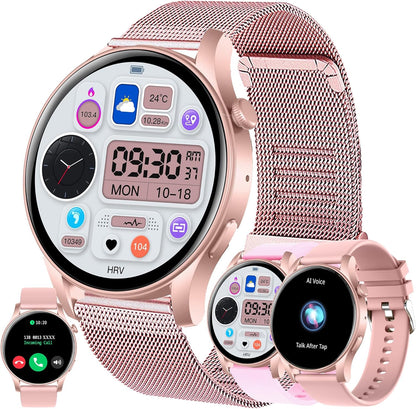 Smartwatch Damen met Bluetooth Bellen, 1,43" AMOLED Touchscreen Slimme Horloge, 5ATM Waterdicht 123 Sporthorloges, SpO2, Hartslagmeter, Slaapmonitor, Fitnesstrackerhorloge voor Android iOS (Roze)