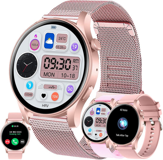 Smartwatch Damen met Bluetooth Bellen, 1,43" AMOLED Touchscreen Slimme Horloge, 5ATM Waterdicht 123 Sporthorloges, SpO2, Hartslagmeter, Slaapmonitor, Fitnesstrackerhorloge voor Android iOS (Roze)