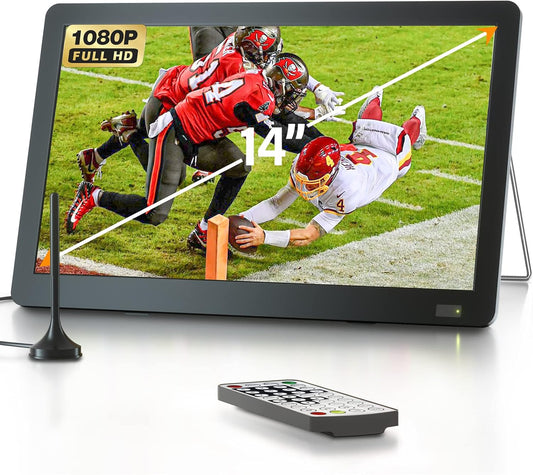 Desobry 14 inch Portable TV with Antenna 1080P freeview outdoor tv with DVB/T2 Tuner Rechargeable Battery Operated Mini TV LCD,Built-in TV Stand,HDMI Input,USB,AV