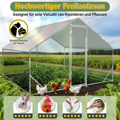 Walk-In House, 3 x 3 x 2 m, Walk-In Chicken Coop, Galvanised Steel, Small Animal House, Chicken Coop with Sunroof and Door for Pet Cage, Chicken Cage, Small Animals, Plants - QUORE