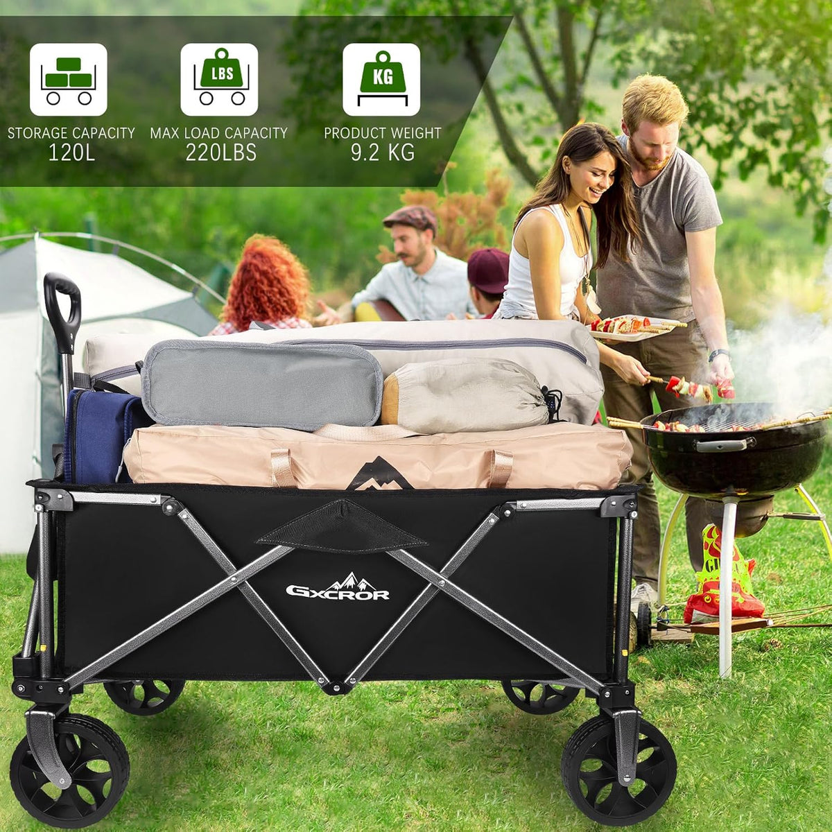 Festival Camping Trolley Cart, Heavy Duty Opvouwbare Strandwagen 100KG Capaciteit Opvouwbare All Terrain Utility Wagon voor Picknick Tuin Winkelen Buiten, Zwart