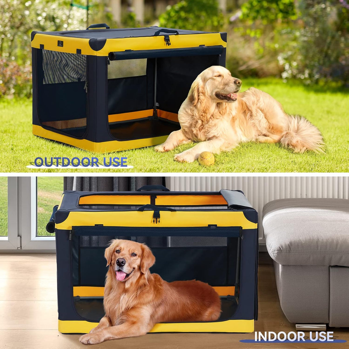 A 4 Pet Grote hondenkrat, 91,4 cm zachte hondenreiskrat voor middelgrote tot grote honden, opvouwbaar hondenkrat met verstelbaar stalen frame en wasbare stoffen hoes, geel
