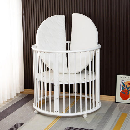 Baby Box – Round Wooden Play Box – Playpen – Includes Mattress – 91x91x85cm – White - QUORE