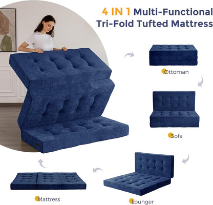 MAXYOYO Opvouwbare Matras Eenpersoons, 15 cm Comfortabele Opvouwbare Matras Met Chenille-Stof, Driekwijd Vloer Futon Bank Bed Voor Gast, Vouwmatras Topper Voor Camping, Marineblauw, Dubbel