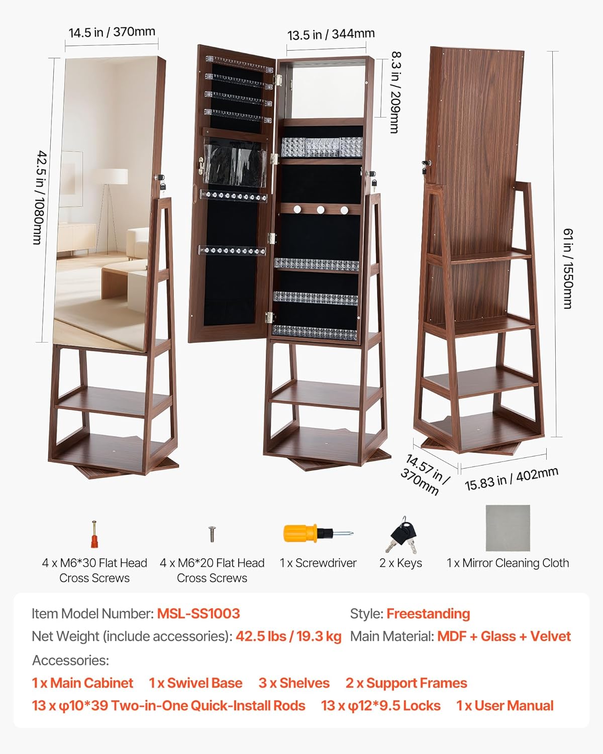 VEVOR Sieradenkast, 360° draaibaar, 1550 mm hoog, spiegel in volledige lengte met opbergruimte, staande draaibare sieradenkast, afsluitbare deur met 2 sleutels, accessoirezakjes en opbergplanken