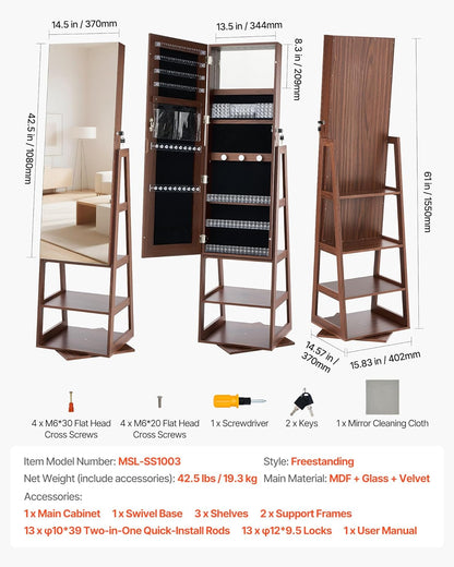 VEVOR Sieradenkast, 360° draaibaar, 1550 mm hoog, spiegel in volledige lengte met opbergruimte, staande draaibare sieradenkast, afsluitbare deur met 2 sleutels, accessoirezakjes en opbergplanken
