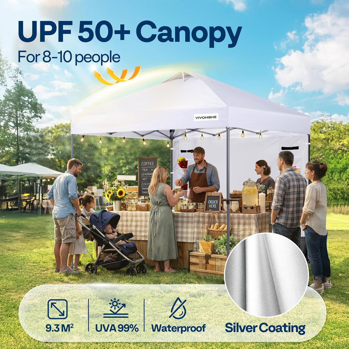 VIVOHOME 3x3m Pop-up Paviljoen met Zijwand, Opvouwbaar Tuinpaviljoen met Ventilatie, in Hoogte Verstelbaar, Inclusief Draagtas en 4 Zandzakken voor Buitengebruik Markt Tuin Erf