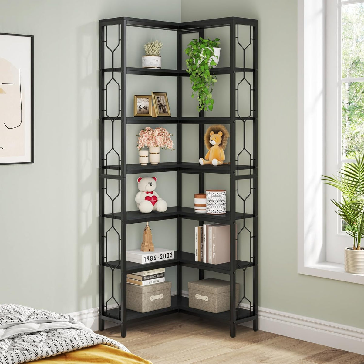 Tribesigns Corner Shelf, 7 Tier Industrial Corner Bookshelf, Wooden and Metal Corner Bookcase, Freestanding Display Shelf for Living Room, Kitchen, Home Office, Black