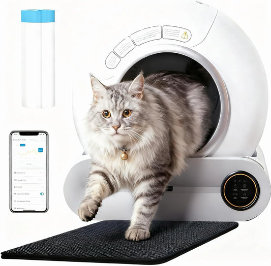 RMAN® Zelfreinigende Kattenbak 65L+9L Automatische Kattenbak voor grote katten met Vuilniszakken en Kattenbakmat APP Automatische Besturing, Geurverwijdering, geschikt voor meerkattenhuishoudens