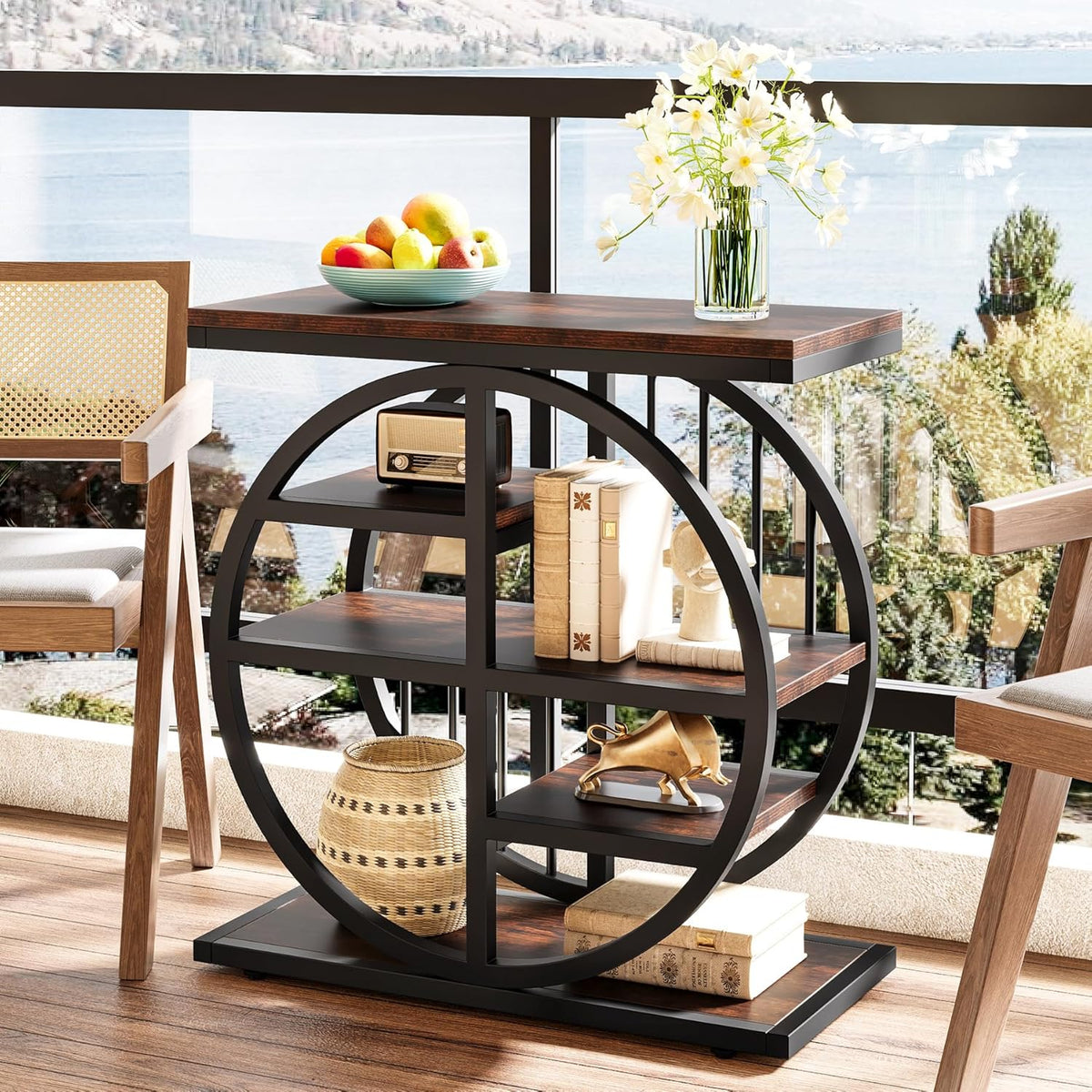 Tribesigns 5 Tier Side Table, Narrow Wood, 60 x 30 cm, Coffee Table, Sofa Table with Metal Frame, Industrial Side Table for Living Room, Tall Narrow Bedside Table for Bedroom (2 Sets)