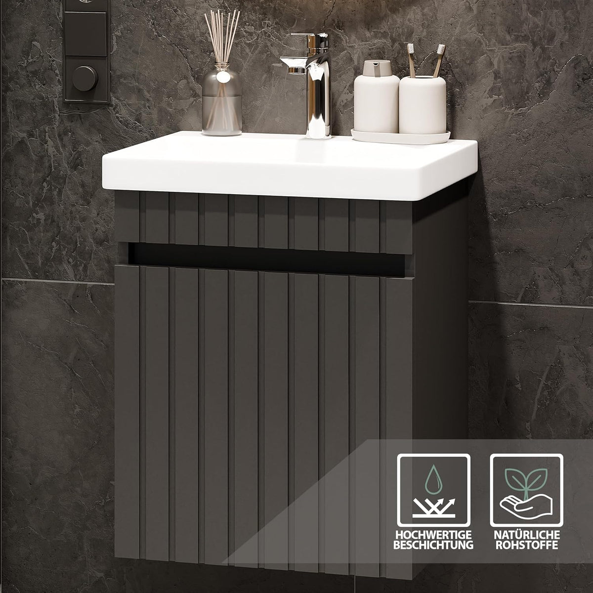 Planetmöbel Cosmia Bathroom Furniture Set Sink 50 x 60 x 35 cm Anthracite Mirror Lighting 50 cm Chrome Ceramic - QUORE