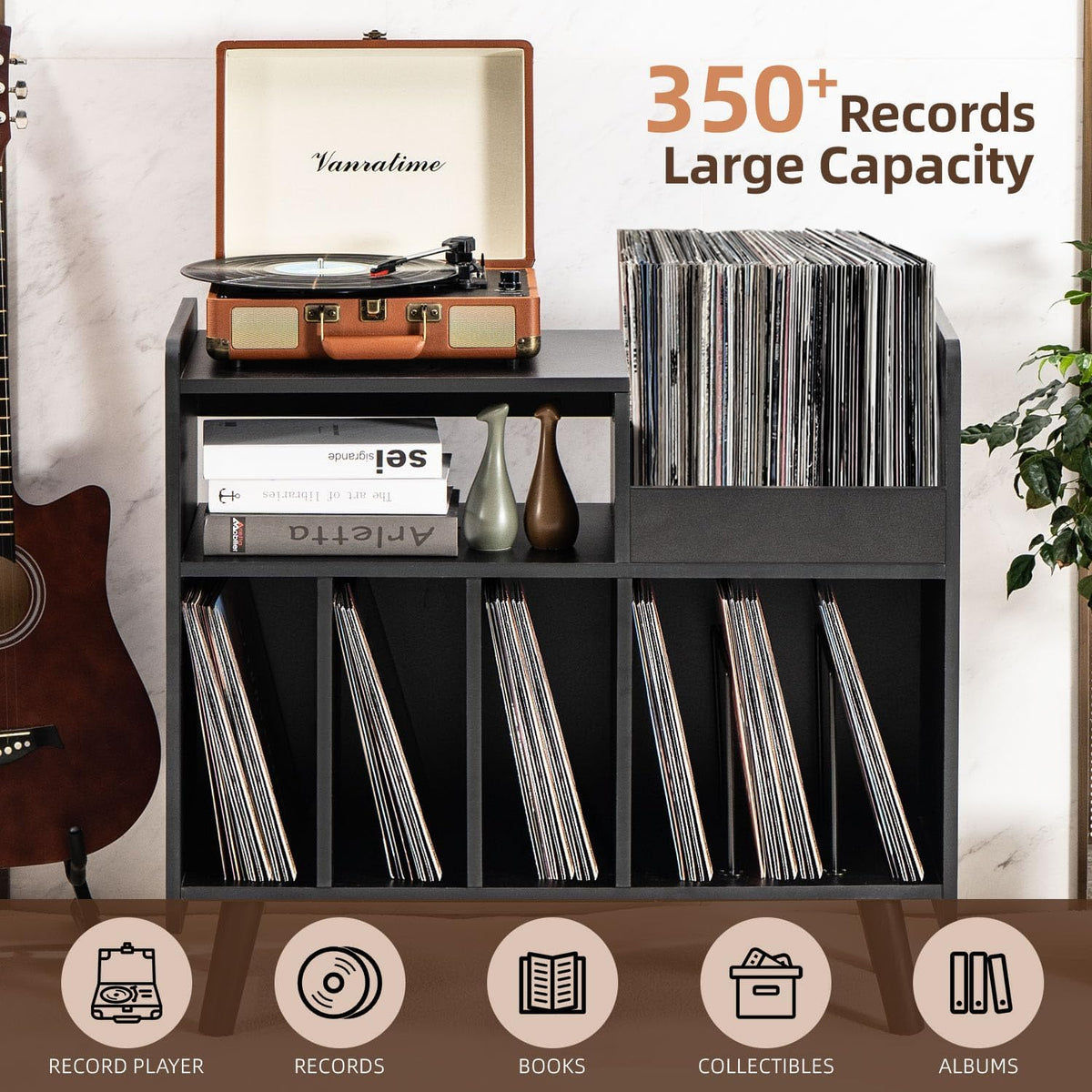 Mid-Century Record Player Stand with Vinyl Storage for Up to 350+ Albums, Vinyl Record Cabinet with Adjustable Shelves, (Black)