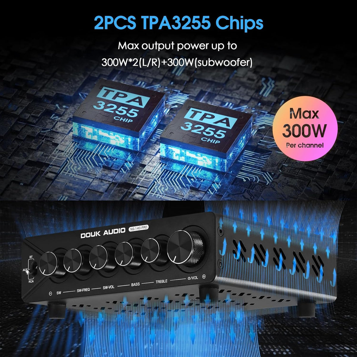 DoukAudio 2.1-kanaals versterker met Bluetooth: twee TPA3255 chips, aptX-HD, 300W subwoofer en 48V voeding voor audiofiele (NS-14G Pro)