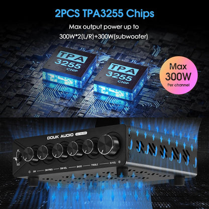 DoukAudio 2.1-kanaals versterker met Bluetooth: twee TPA3255 chips, aptX-HD, 300W subwoofer en 48V voeding voor audiofiele (NS-14G Pro)
