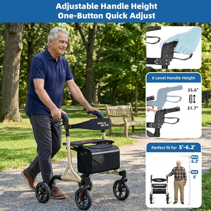 WALK MATE Rollator Lichtgewicht opvouwbare met zitting - Aluminium rollator smal voor woning, hoogteverstelbaar met duwknop, bekerhouder, loophulp voor ouderen (6,7 kg) (Goud)