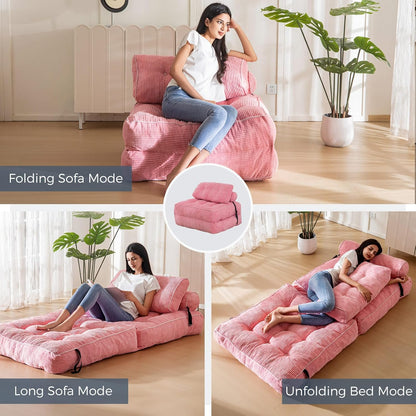 MAXYOYO Opvouwbare slaapbank, omvormbaar met kussen, matras met rugleuning, draagbare bedstoel, comfortabel, vloerbank voor woonkamer slaapkamer, roze