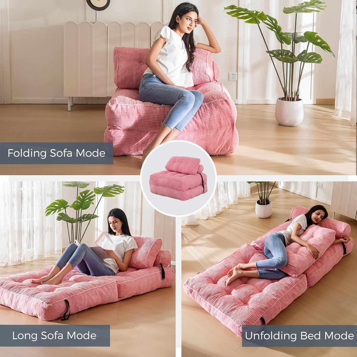 MAXYOYO Folding Sofa Bed Convertible Sofa Bed with Pillows, Mattress with Backrest, Portable Bed Chair Comfortable Floor Sofa for Living Room Bedroom, Pink