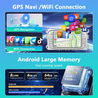 4 + 64G Motorsi autoradio voor Ford Focus II/S-Max met Carplay Android Auto aangedreven door Qualcomm-processor, 7 inch touchscreen Bluetooth/WiFi/EQ/FM/RDS/GPS Navigatie/SWC/Canbus/Split Screen +