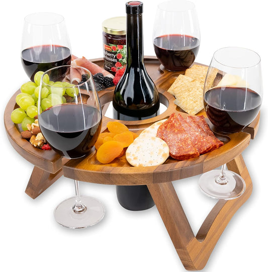 Klappbarer Weintisch - Hält Weingläser und -Flaschen an ihrem Platz - Outdoor Weintisch - Tragbarer Weintisch - Picknicktisch Mini Campingtisch Weinglashalter Holz - Outdoor Wine Table Picnic Table