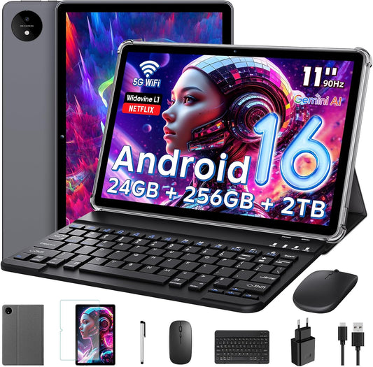 Raemond Android 16Tablet 11 Inch met Gemini AI,T7250 Octa-Core,24GB RAM+256GB ROM(2TB TF),16MP + 8MP,1920x1200IPS HD Display,8000mAh,Widevine L1,GPS,GMS (Grijs)