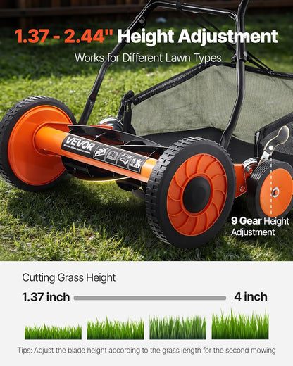 VEVOR Duwhaspel grasmaaier 45,7 cm, 5 messen handmatige duwmaaier zonder motor, 3,5-6,2 cm verstelbare maaihoogte, achterloopgrasmaaiers met grasopvangzak voor groene gazons, opritten, binnenplaatsen