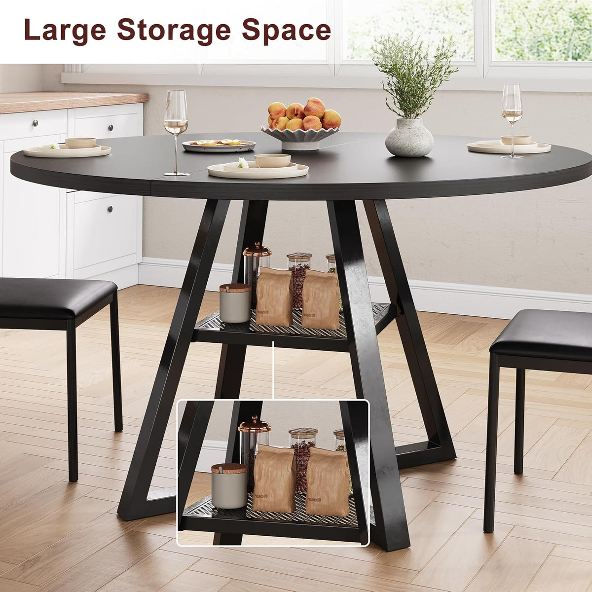 Ronde eettafel voor 2-4 personen, cirkel eettafel met planken, ruimtebesparend houten keuken- en eetkamermeubilair (zwart, 42 inch