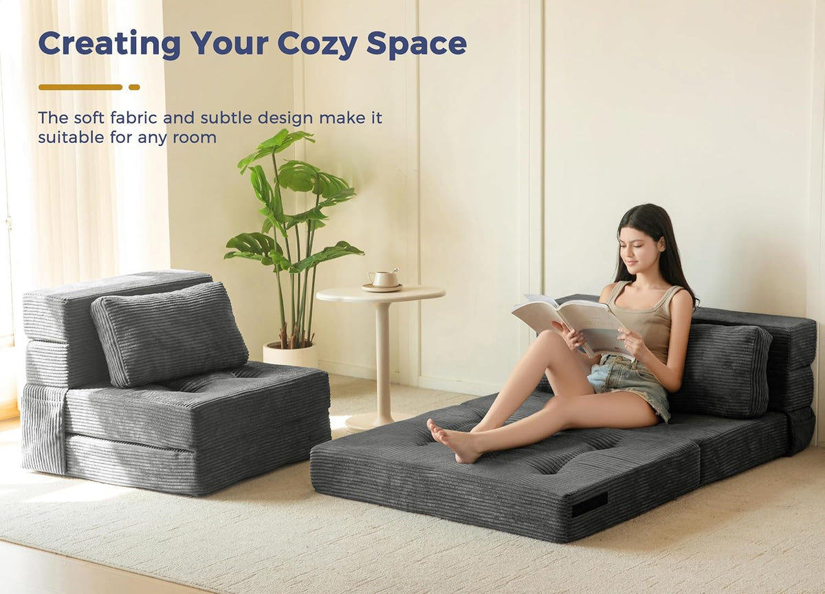 MAXYOYO Opvouwbare schuim slaapbank, drievoudig opvouwbaar matras met 1 kussen, omvormbare slaapbank, futonbed met 15 cm dun schuim, draagbare 3-in-1 vloerbank
