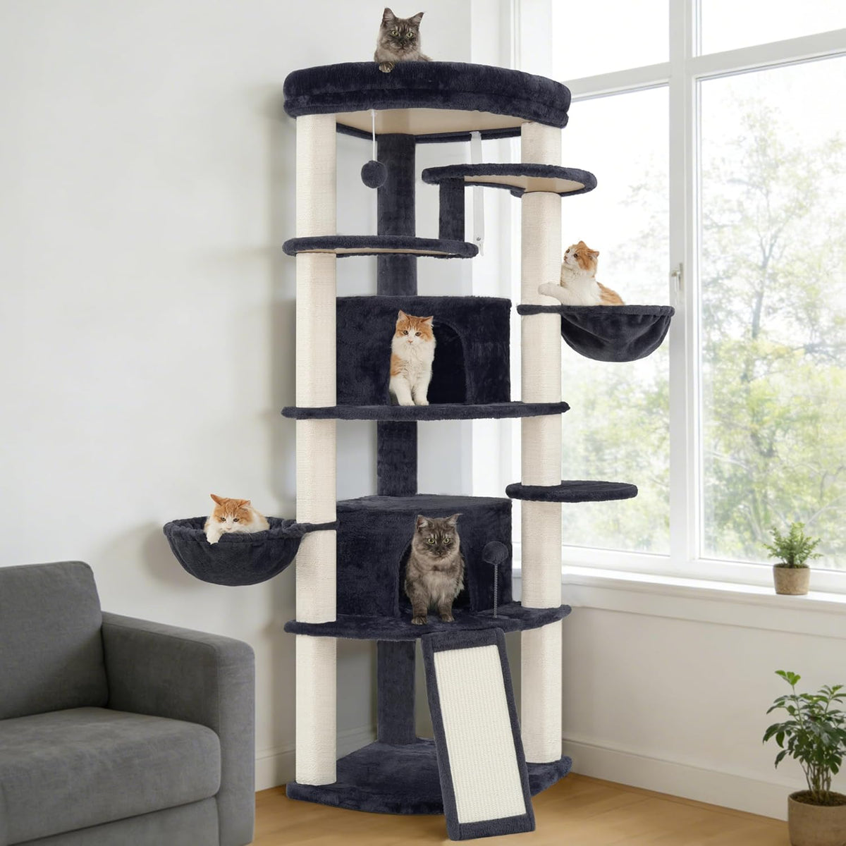 Corner Cat Tree for Indoor Cats, Cat Tower with All Sisal Scratching Posts, Multi-level Cat Condo wth 2 Large Cat Caves, Big Top Perch, 2 Hanging Baskets, Sisal Ramp, Drak Gray GCT035G