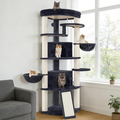 Corner Cat Tree for Indoor Cats, Cat Tower with All Sisal Scratching Posts, Multi-level Cat Condo wth 2 Large Cat Caves, Big Top Perch, 2 Hanging Baskets, Sisal Ramp, Drak Gray GCT035G